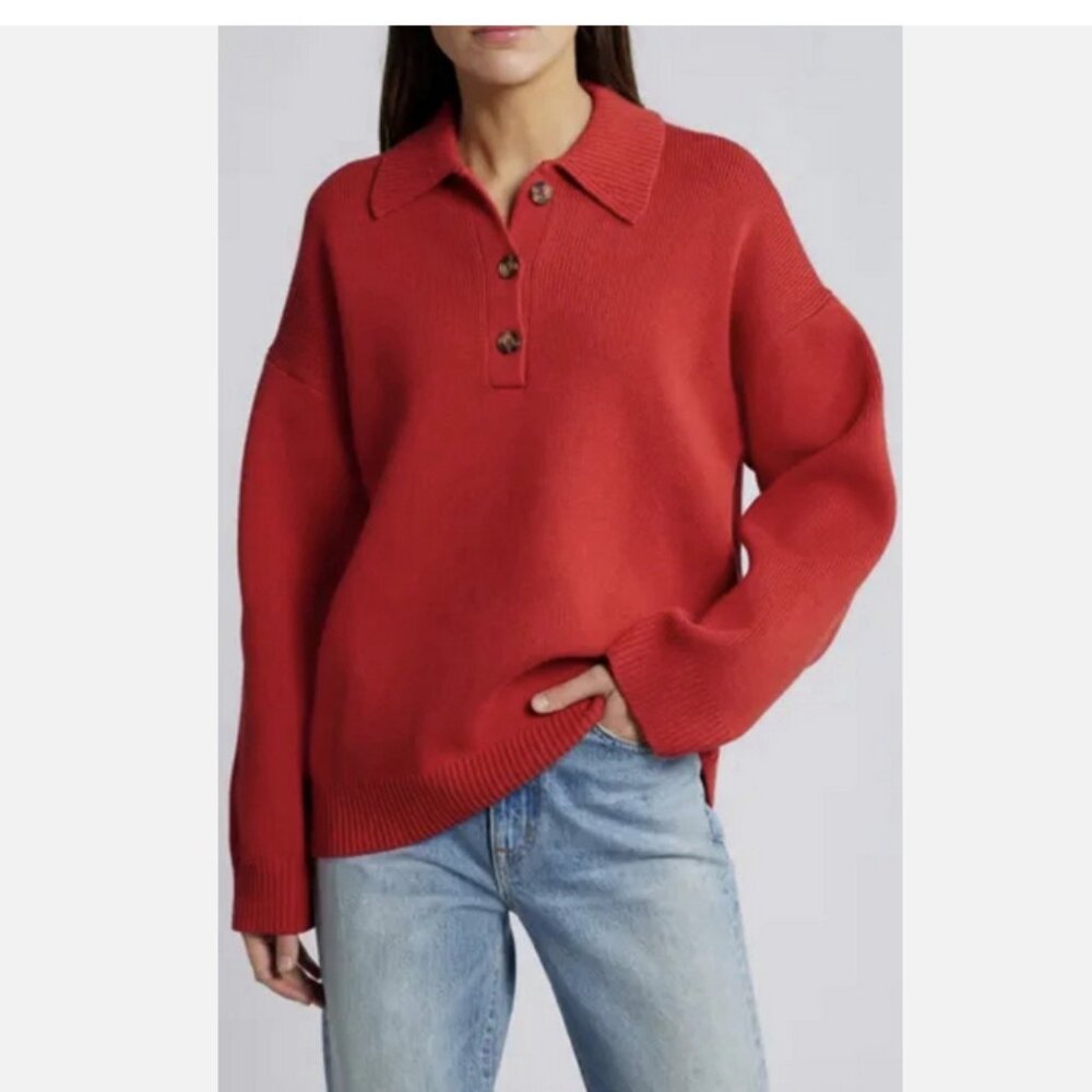 Reformation Anthropologie Brooklyn Polo Sweater Organic Cotton Sweater Red M NWT